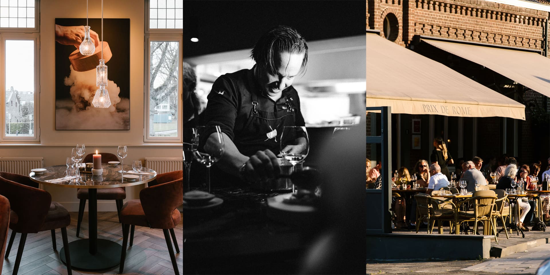 Drie beelden van Prix de Rome: een kunstwerk bij het raam, chef Wouter Houten aan het werk, en gasten op het terras bij zonsondergang